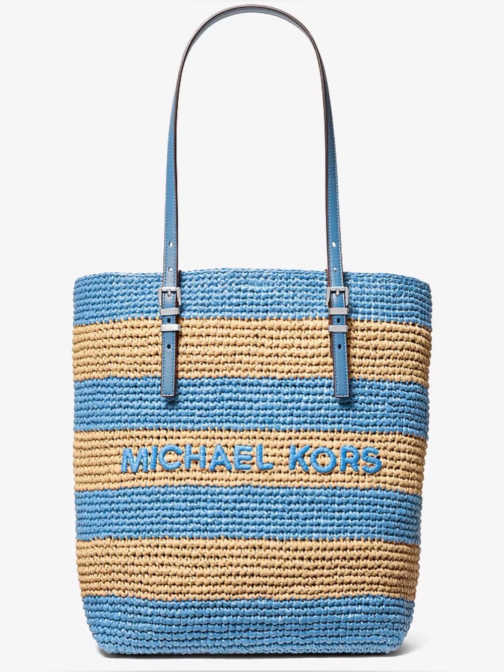 Michael Kors Quinn Striped Straw Tote Bag Cream & Blue